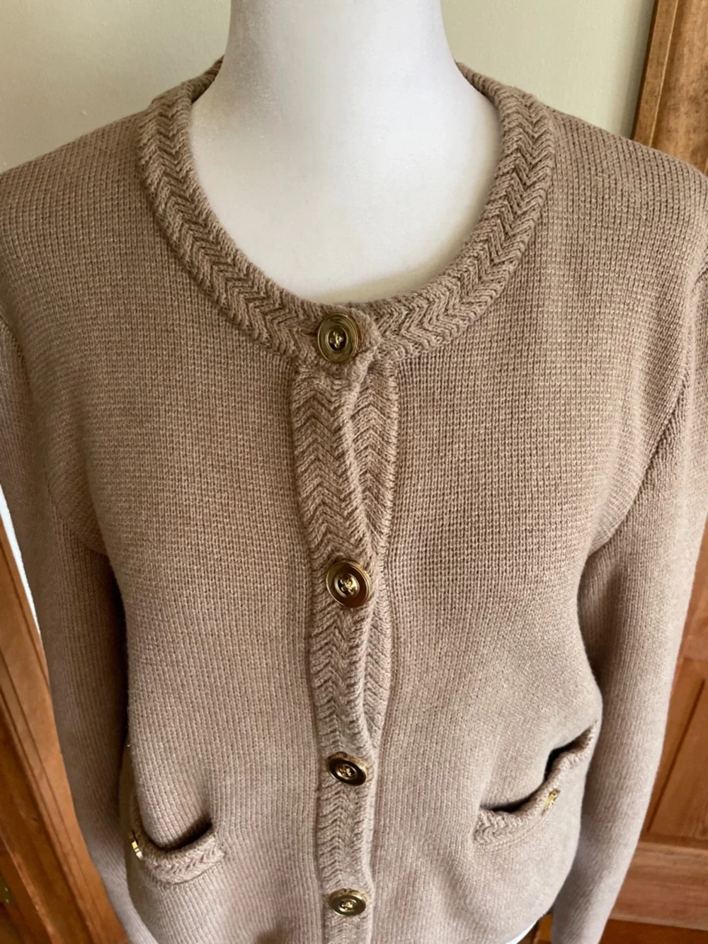 J. CREW Taupe Cotton Knit Button Braided Neck & Front Placket Cardigan M